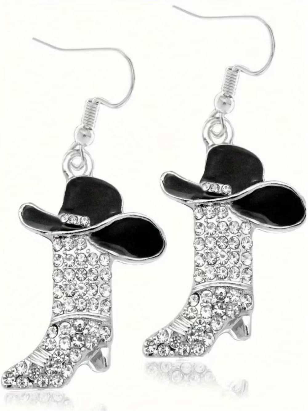 Silver-Tone Black Cowgirl Hat & Boot | Cubic Zirconia Dangle Earrings